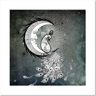 Wonderful peacock on a moon in black and white Posters and Art